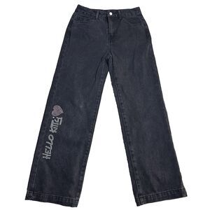Forever 21 HelloKitty‎ Girls Jeans Rhinestone Logo Black 14Y Wide Leg Y2K Kawaii